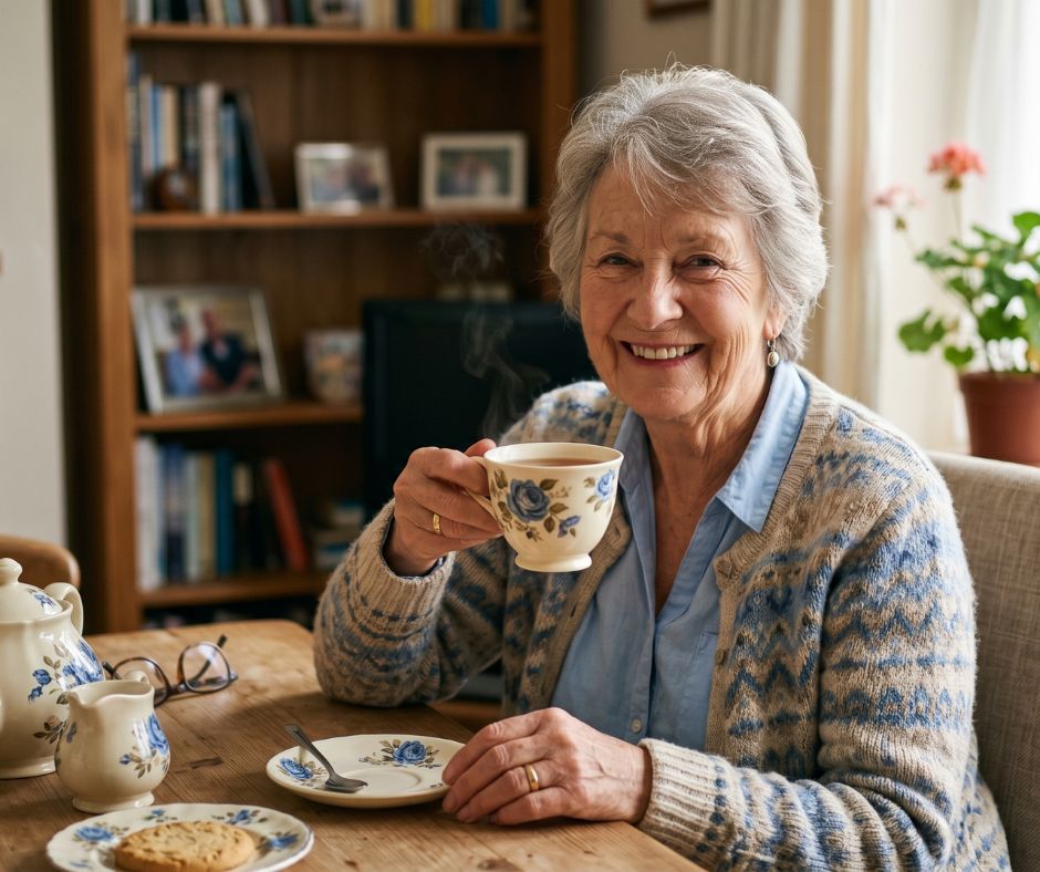 Older woman smiling warmly over a cup of tea at home celebrating a small win