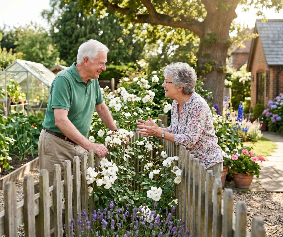 Two older adults chatting over a garden fence on a sunny day