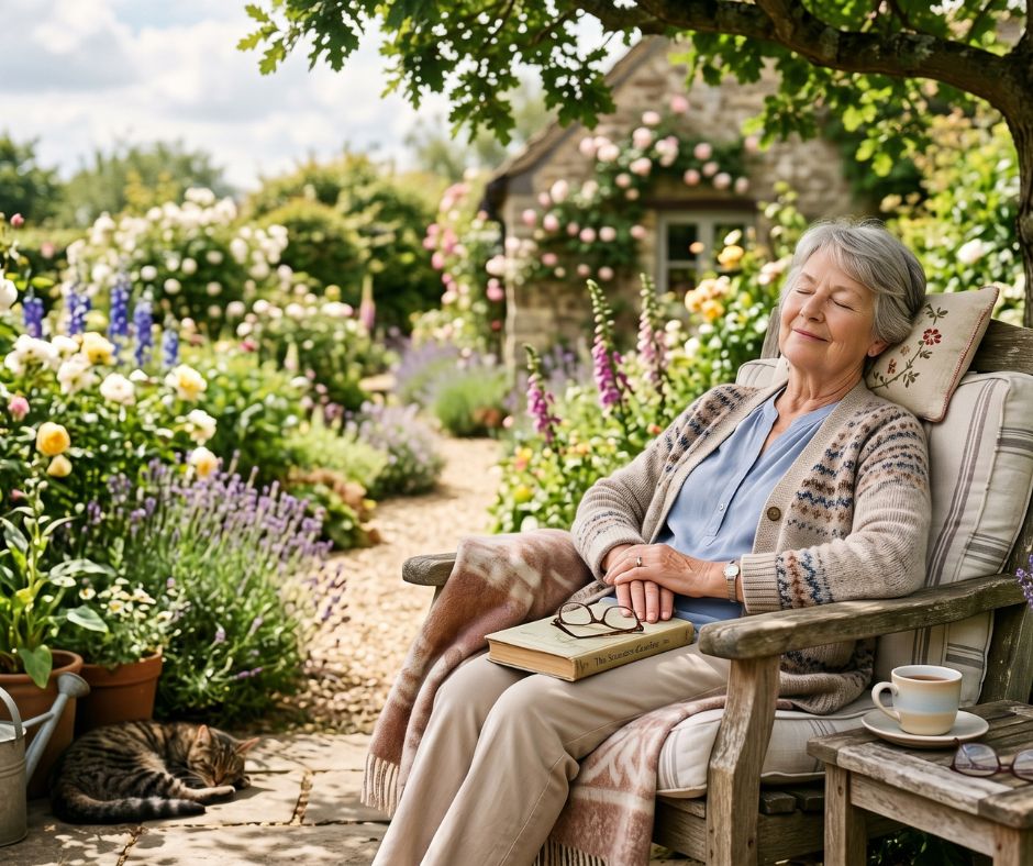 Elderly person relaxing in a garden chair, enjoying quiet rest time