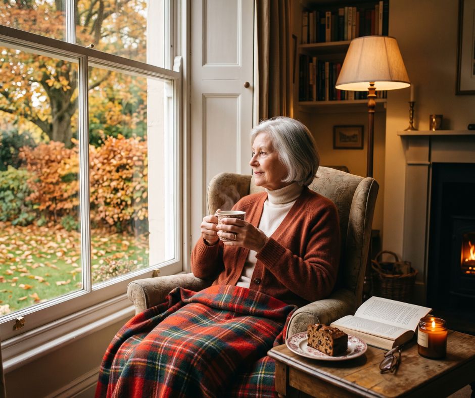 Older woman sitting cosily in an armchair with a mug of tea, looking out at a garden filled with autumn colours