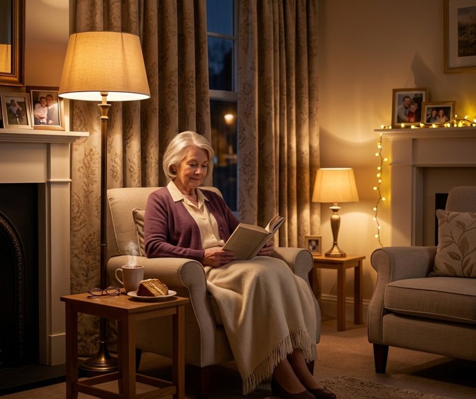 Older woman reading peacefully by warm lamplight in a cosy autumn evening living room