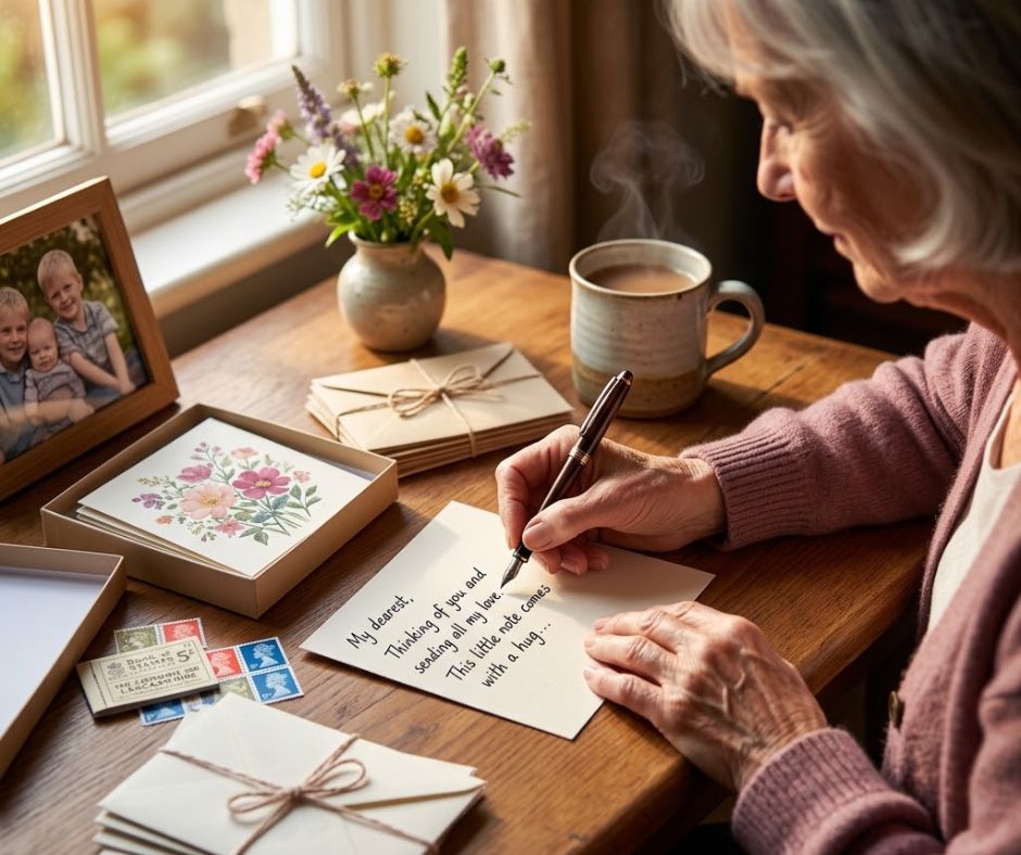 Older woman sitting peacefully on a garden bench with a cup of tea, enjoying fresh morning air