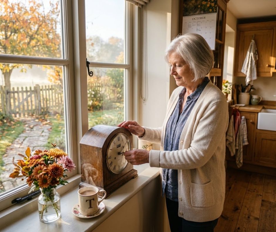 Older woman gently adjusting the hands of a mantel clock by a sunlit autumn window