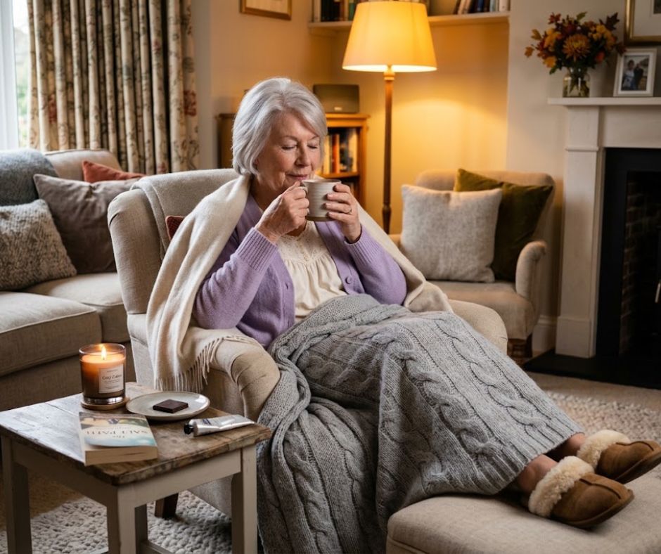 Older woman nestled cosily in an armchair wrapped in soft blankets, enjoying a hot drink in a warmly lit living room